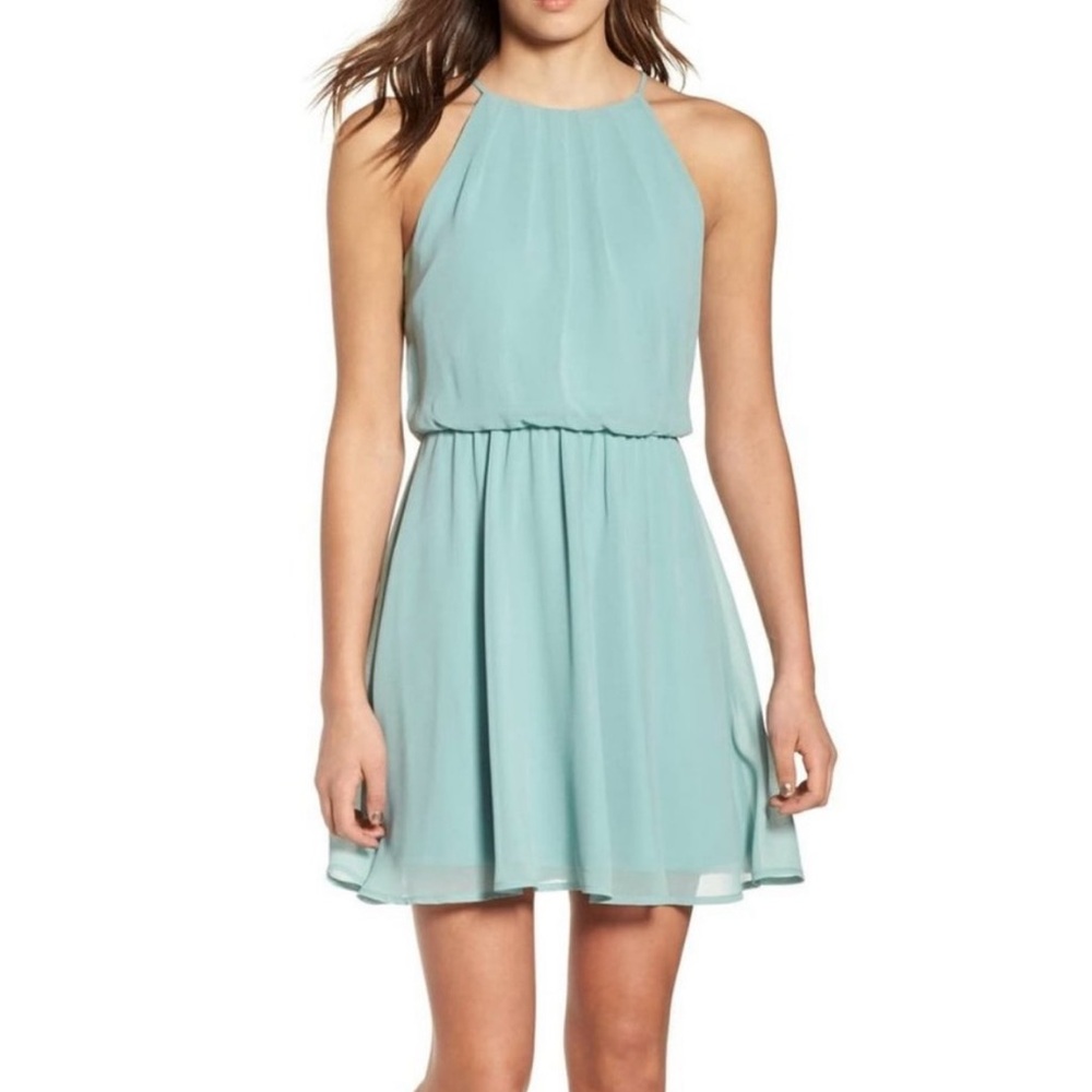 Lush Blue Pleated Halter Sundress for Wedding Guest